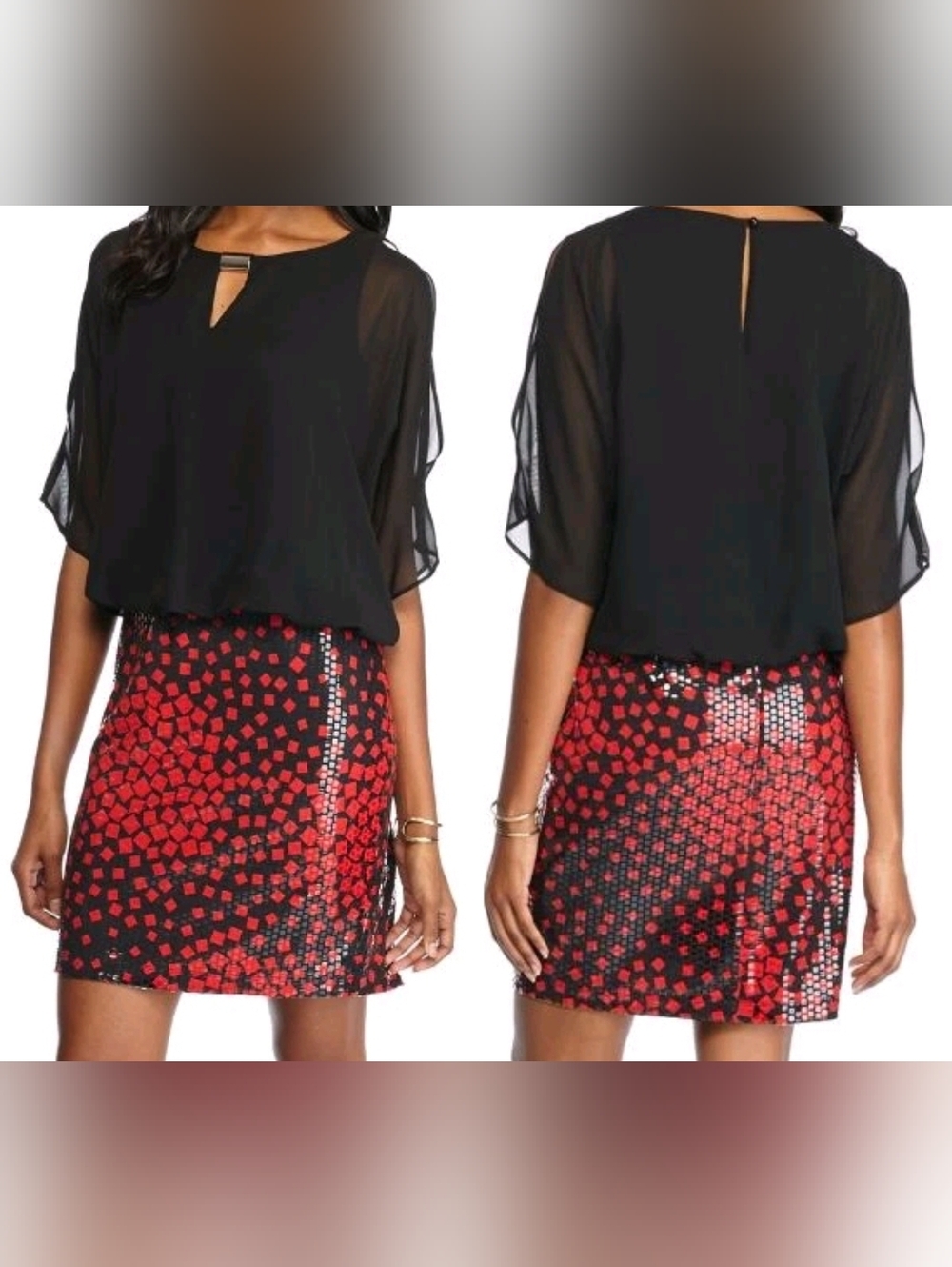 Chelsea Suite  Red/Blk Cold Shoulder Blouson Dress Chiclet Skirt